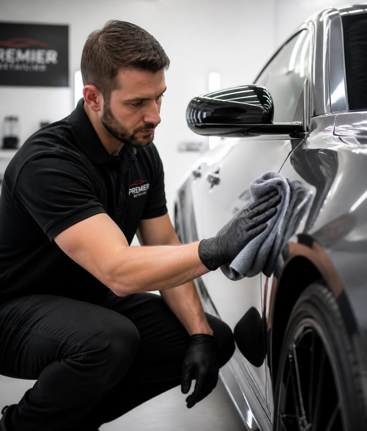 Detailer van Gloss Garage werkt een auto na met een microvezeldoek
