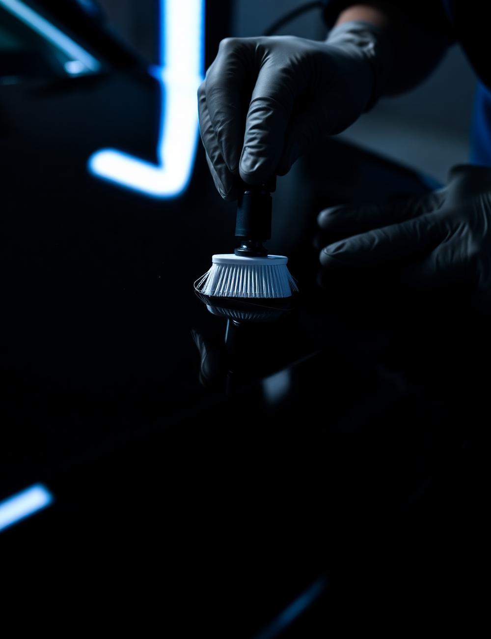 Detailer brengt keramische coating aan op een donkere motorkap