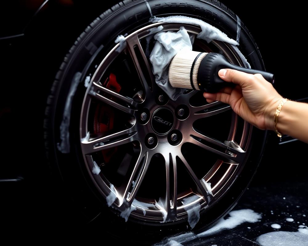 Velg wordt gereinigd met een detailingborstel en schuim