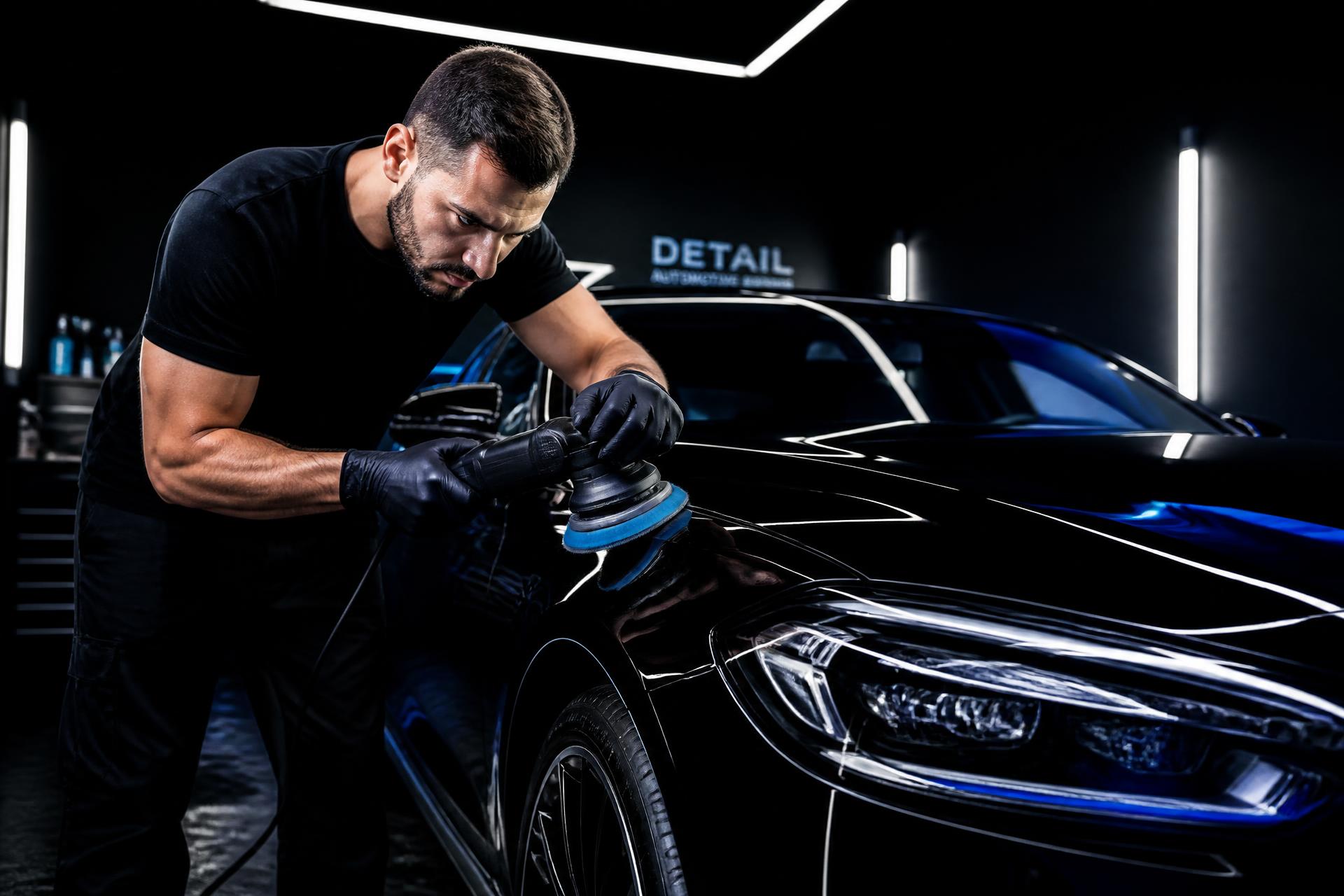 Detailer polijst een glanzende zwarte luxe auto in de studio van Gloss Garage